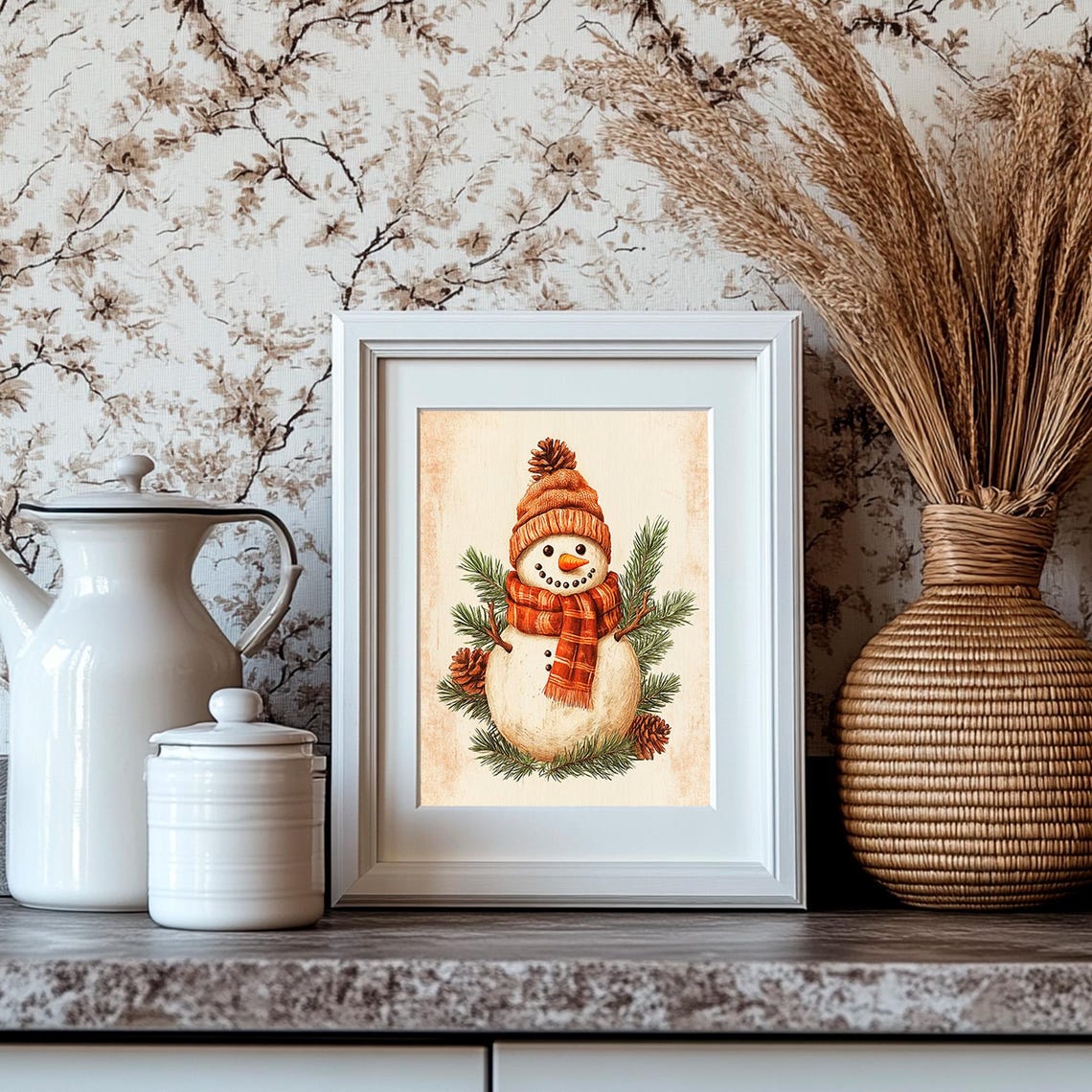Snowman in a Knit Hat and Plaid Scarf with Pinecones Winter Poster - Image 4