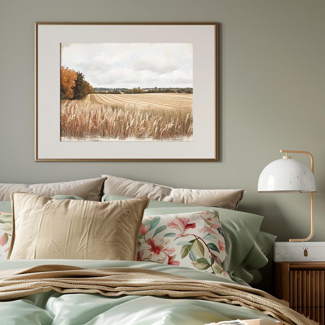 Golden Wheat Field Plowed Rows Autumn Trees Cloudy Sky Farm Art Poster - Image 4