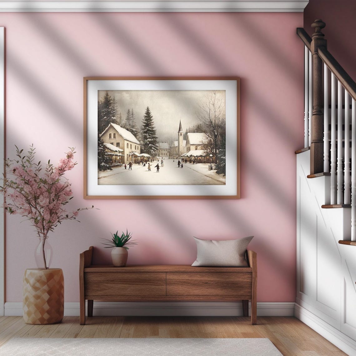 Christmas Town With Church Painting Vintage Christmas Farmhouse Home Decor Rustic Cottagecore Snowy Country Landscape Painting - Image 2