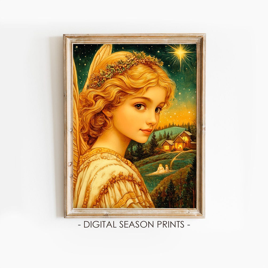 Golden Christmas Angel With Holly Crown Under A Starry Sky Poster