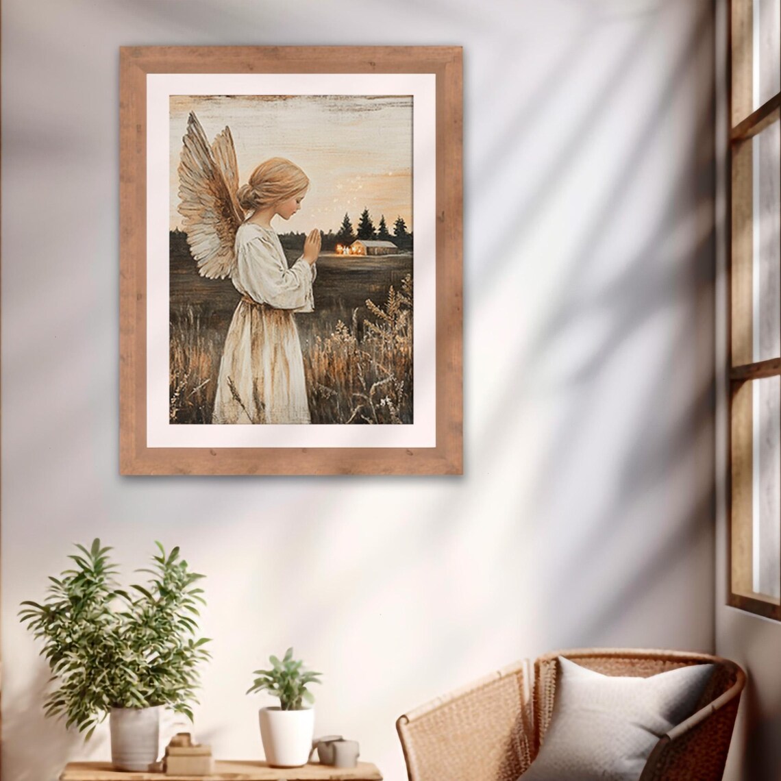 Vintage Christmas Angel Praying in Wheat Field Rustic Painting Poster - Image 2