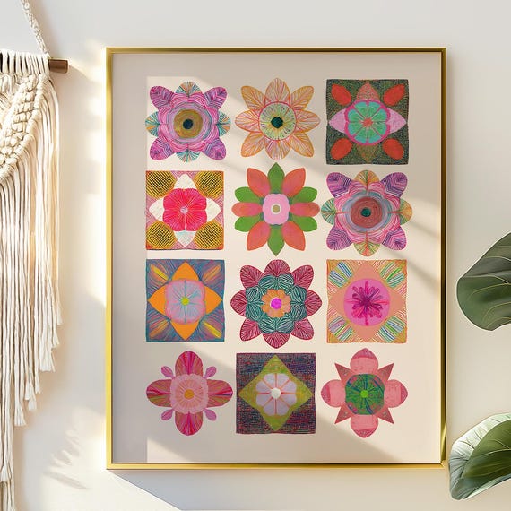 Boho Geometric Flower Wall Art Abstract Botanical Illustration Colorful Patchwork Artwork Poster