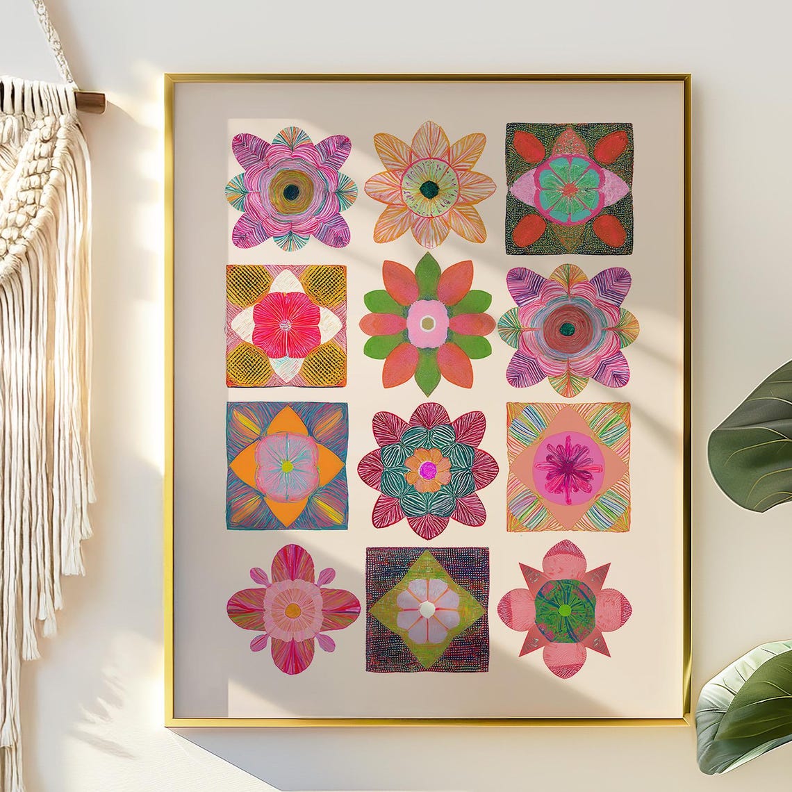 Boho Geometric Flower Wall Art Abstract Botanical Illustration Colorful Patchwork Artwork Poster