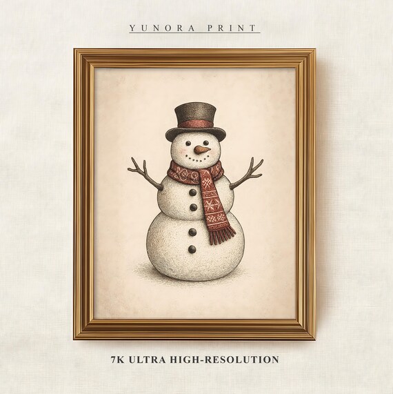 Vintage Snowman Top Hat and Red Scarf Cozy Winter Art Poster