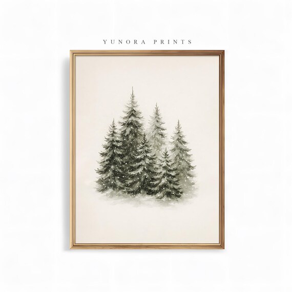 Watercolor Snowy Pine Trees Winter Forest Minimal Neutral Poster