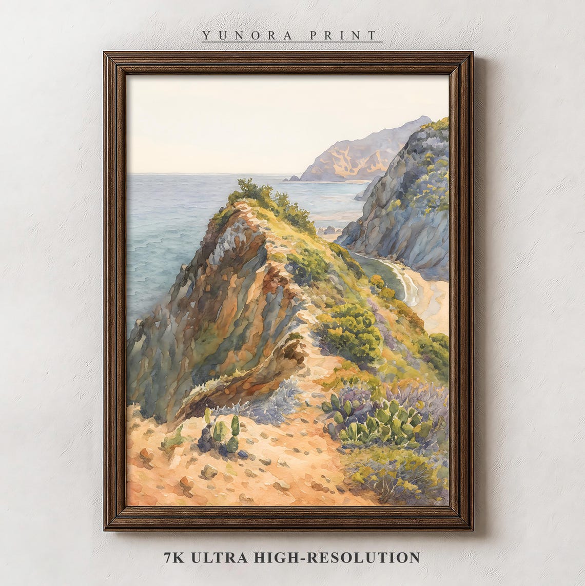 Coastal Cliffs Watercolor Poster Sea Cove Cacti And Sandy Shore Art