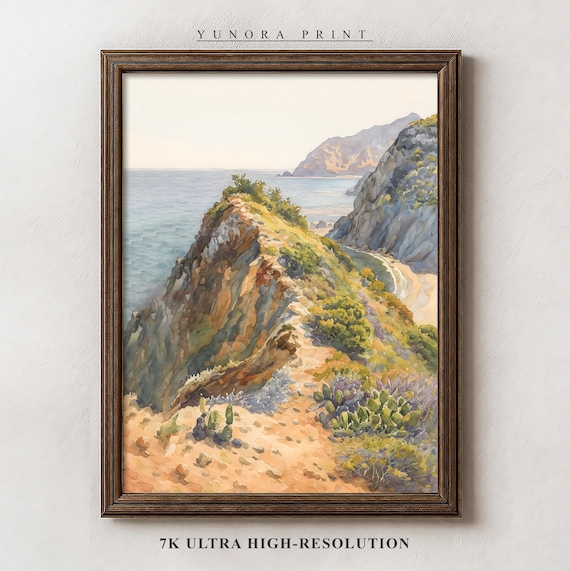 Coastal Cliffs Watercolor Poster Sea Cove Cacti And Sandy Shore Art
