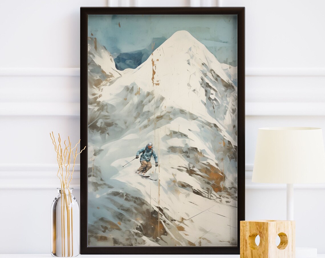 Backcountry Skier Powder Descent Muted Vintage Winter Scene Wall Art - Image 3