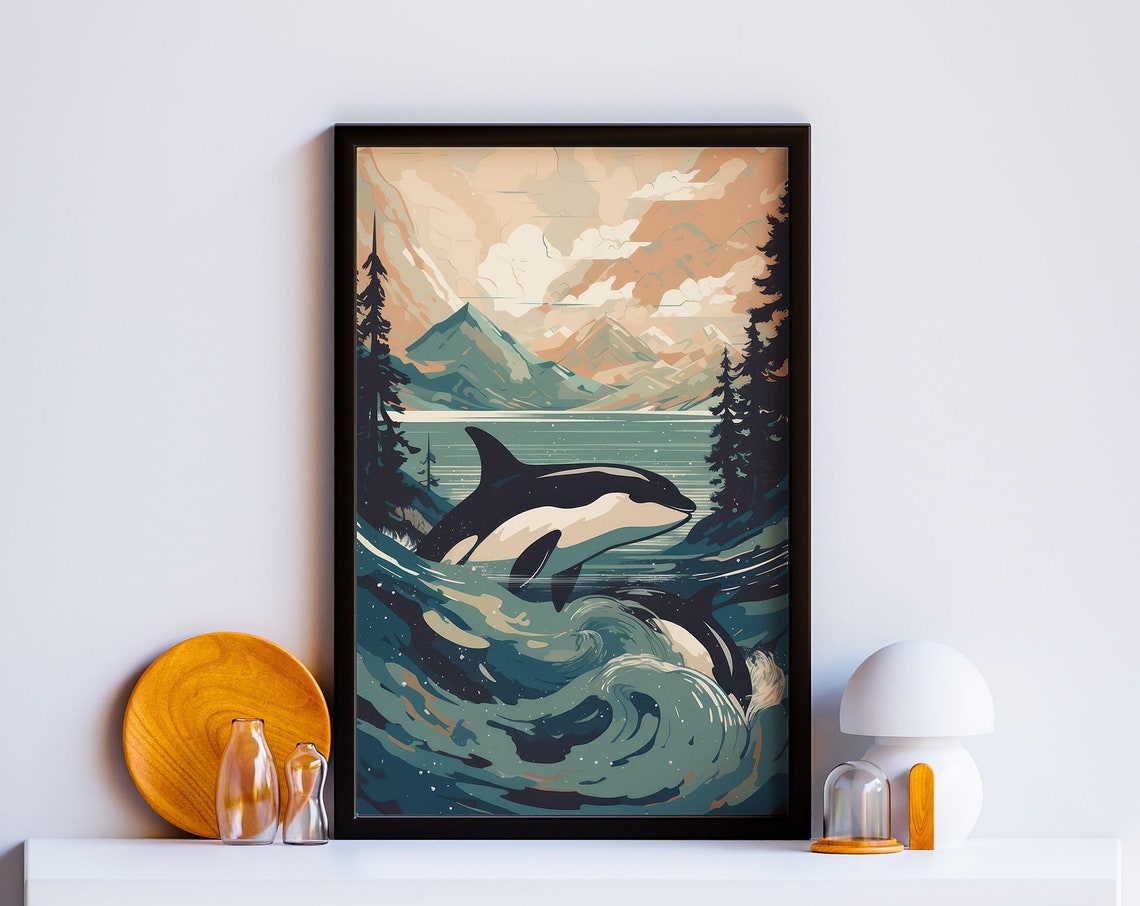 Orca Leaping From Rolling Ocean Waves Mountain Lake Art Poster