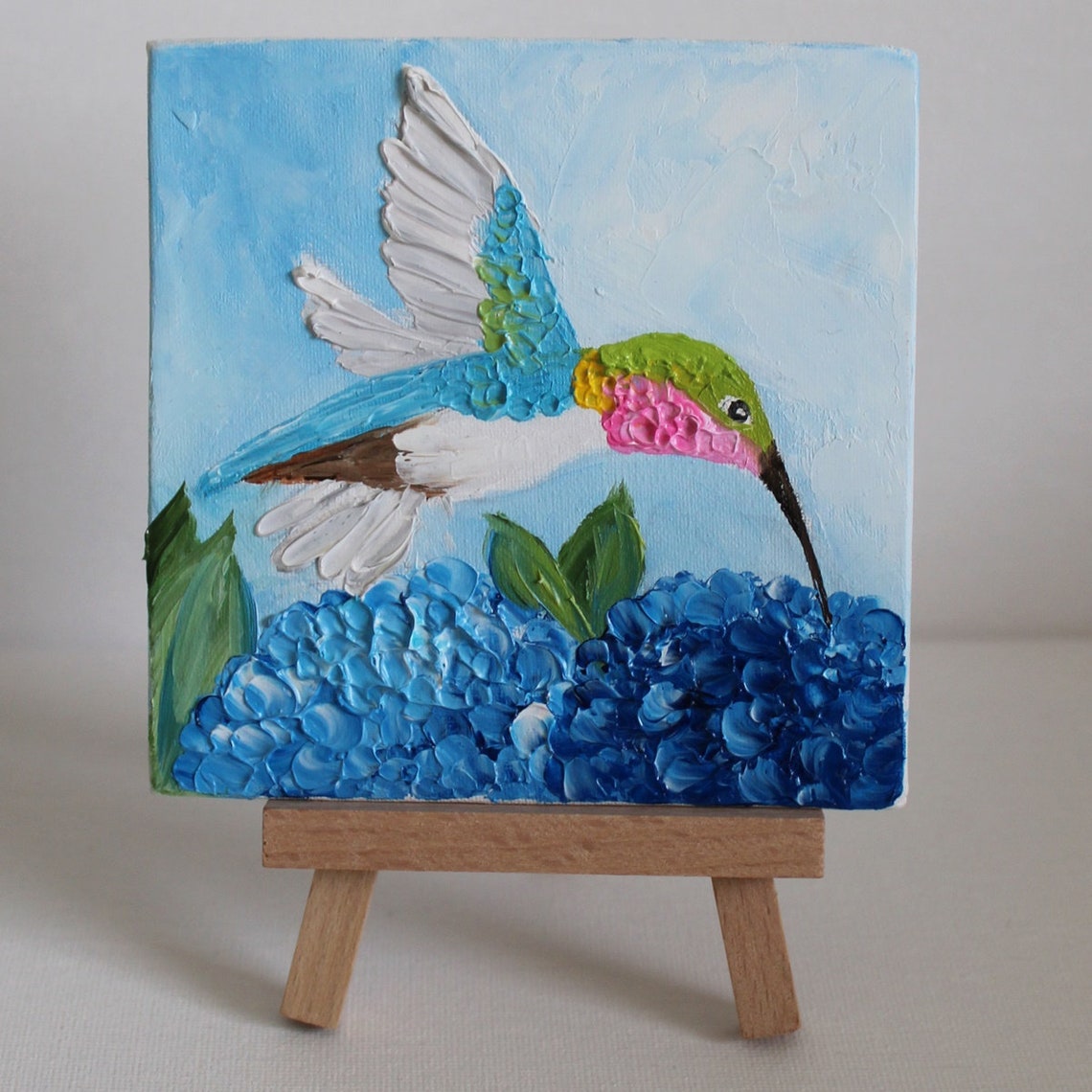 Hummingbird over Blue Hydrangea Impasto Mini Painting Bird Poster - Image 4