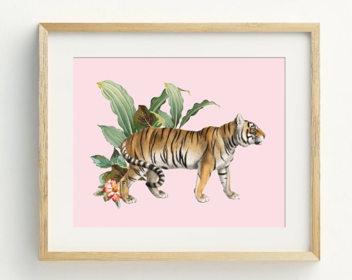 Vintage Tiger Illustration Pink Tropical Botanical Jungle Wall Art Print - Image 2