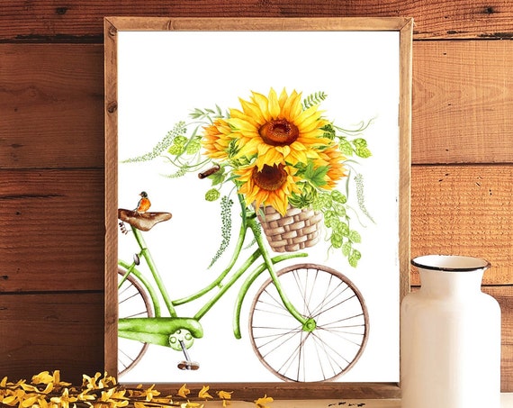 Sunflower Bicycle Watercolor Vintage Bicycle Art Print