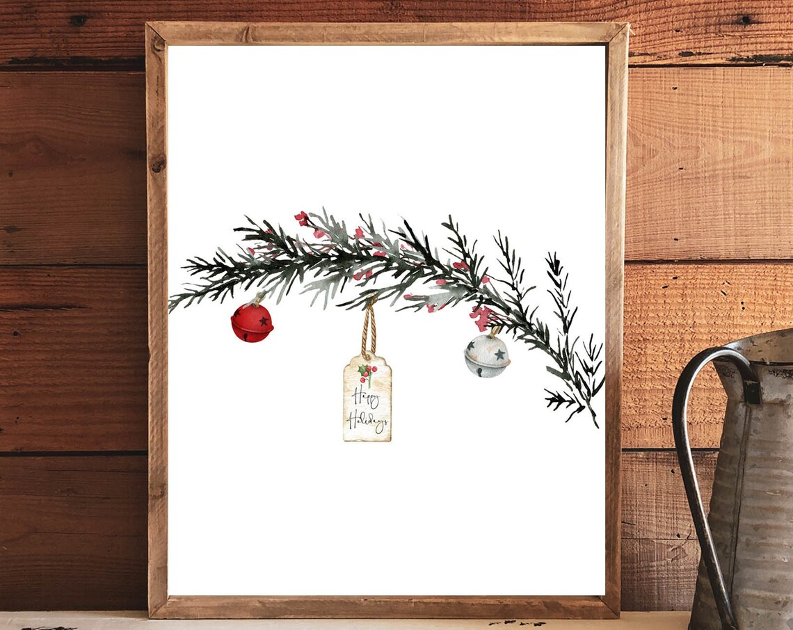 Happy Holidays Evergreen Branch Tag And Bells Christmas Poster