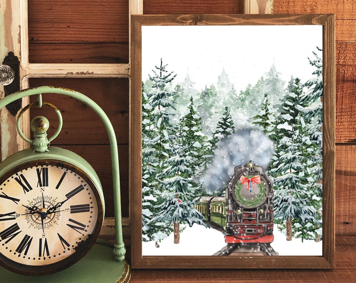 Christmas Train Vintage Steam Engine Snowy Pines Holiday Poster - Image 2