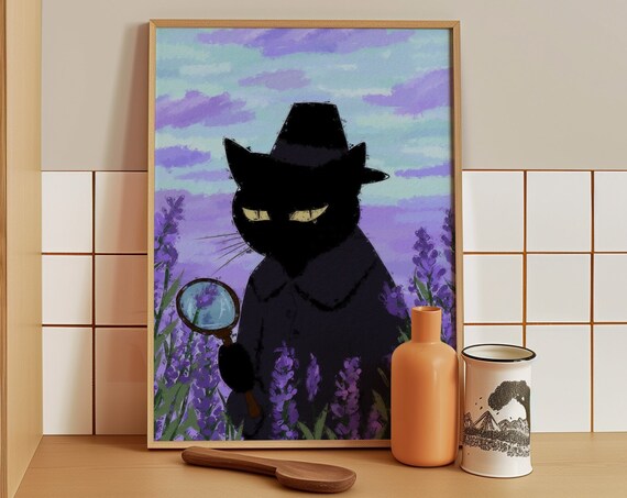 Black Detective Cat With Magnifying Glass In Lavender Field Poster