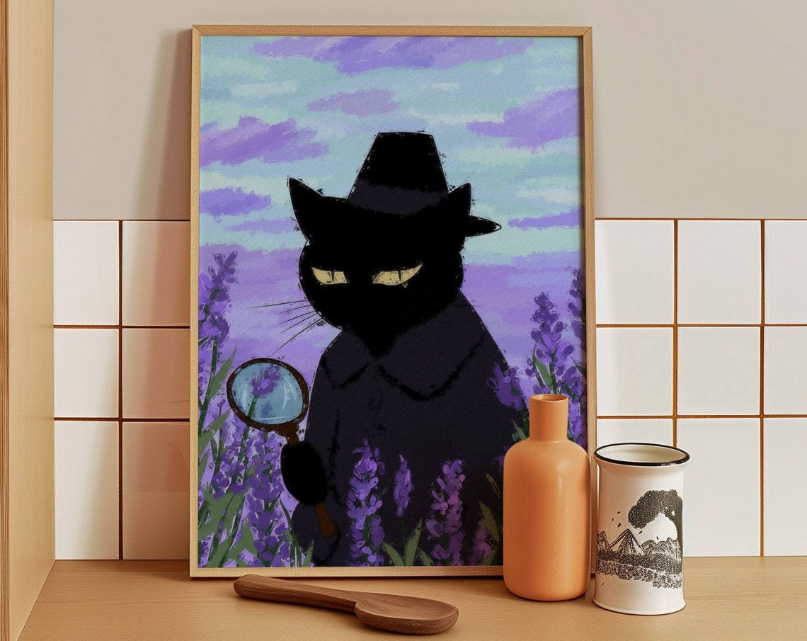 Black Detective Cat With Magnifying Glass In Lavender Field Poster