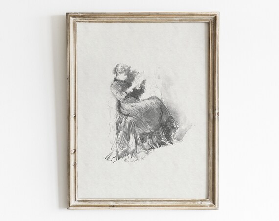 Expressive Seated Woman Charcoal Sketch Vintage Figure Drawing Poster