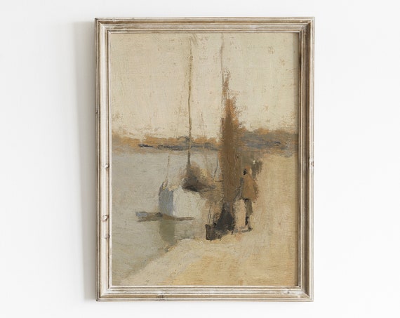 Vintage Neutral Sailboat Oil Painting Art Print