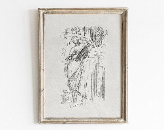 Abstract Female Figure Charcoal Sketch Vintage Minimal Line Art Poster