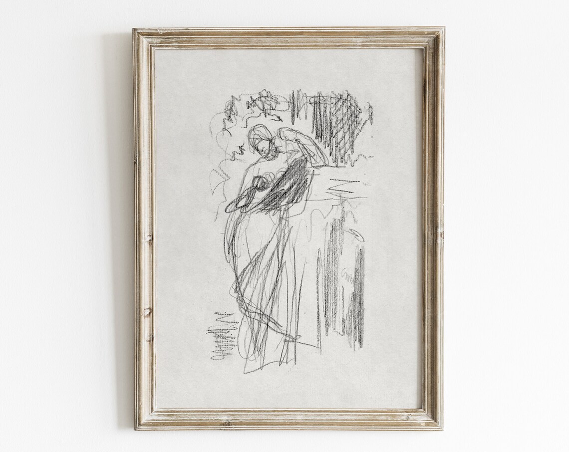 Abstract Female Figure Charcoal Sketch Vintage Minimal Line Art Poster
