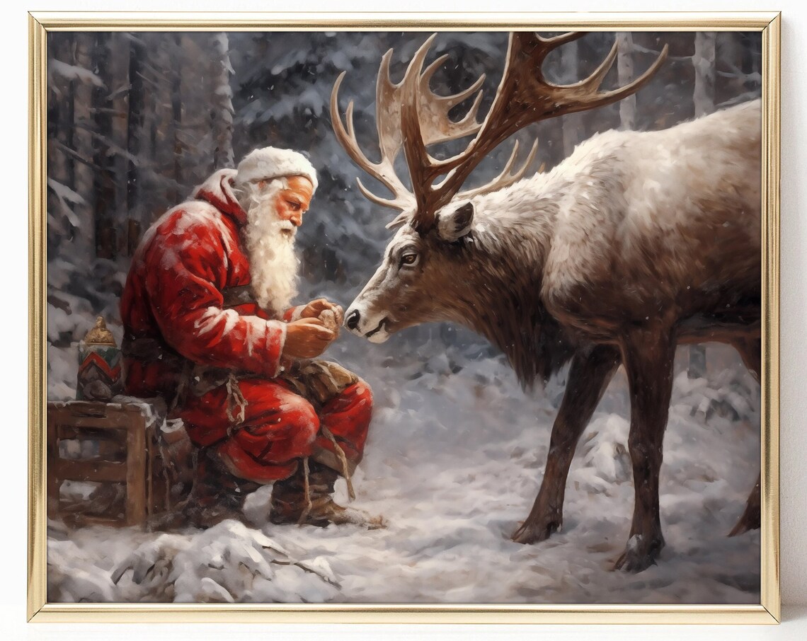 Santa Claus Feeding Reindeer Snowy Woods Vintage Christmas Poster