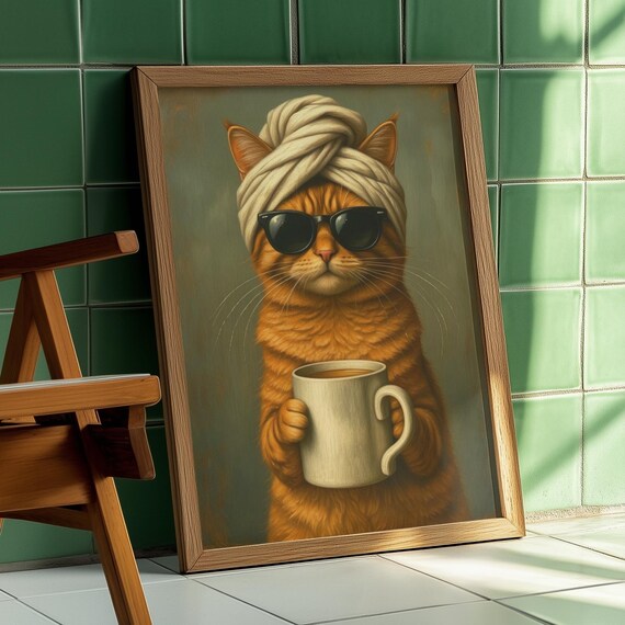 Funny Orange Cat in Sunglasses Drinking Coffee Morning Poster
