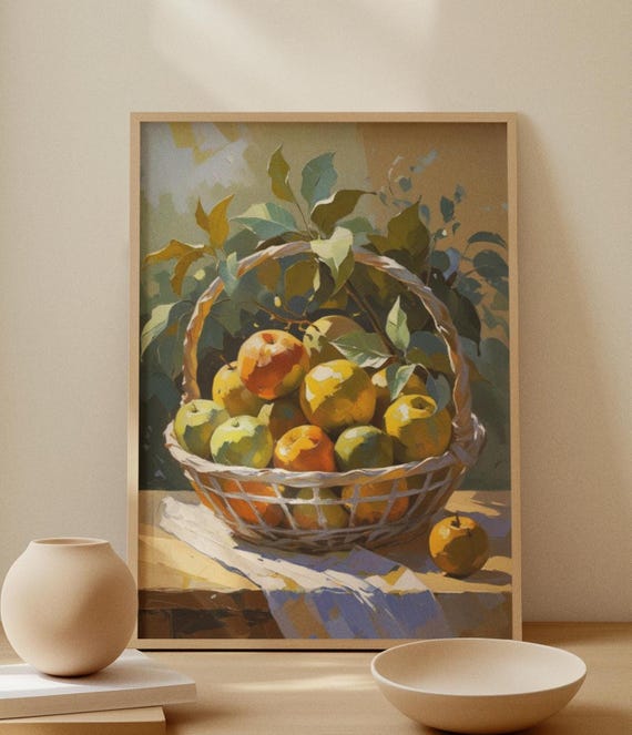 Colorful Fruit Basket Wall Art Print Summer Citrus Kitchen Decor Mediterranean Rustic Style Vibrant Living Room