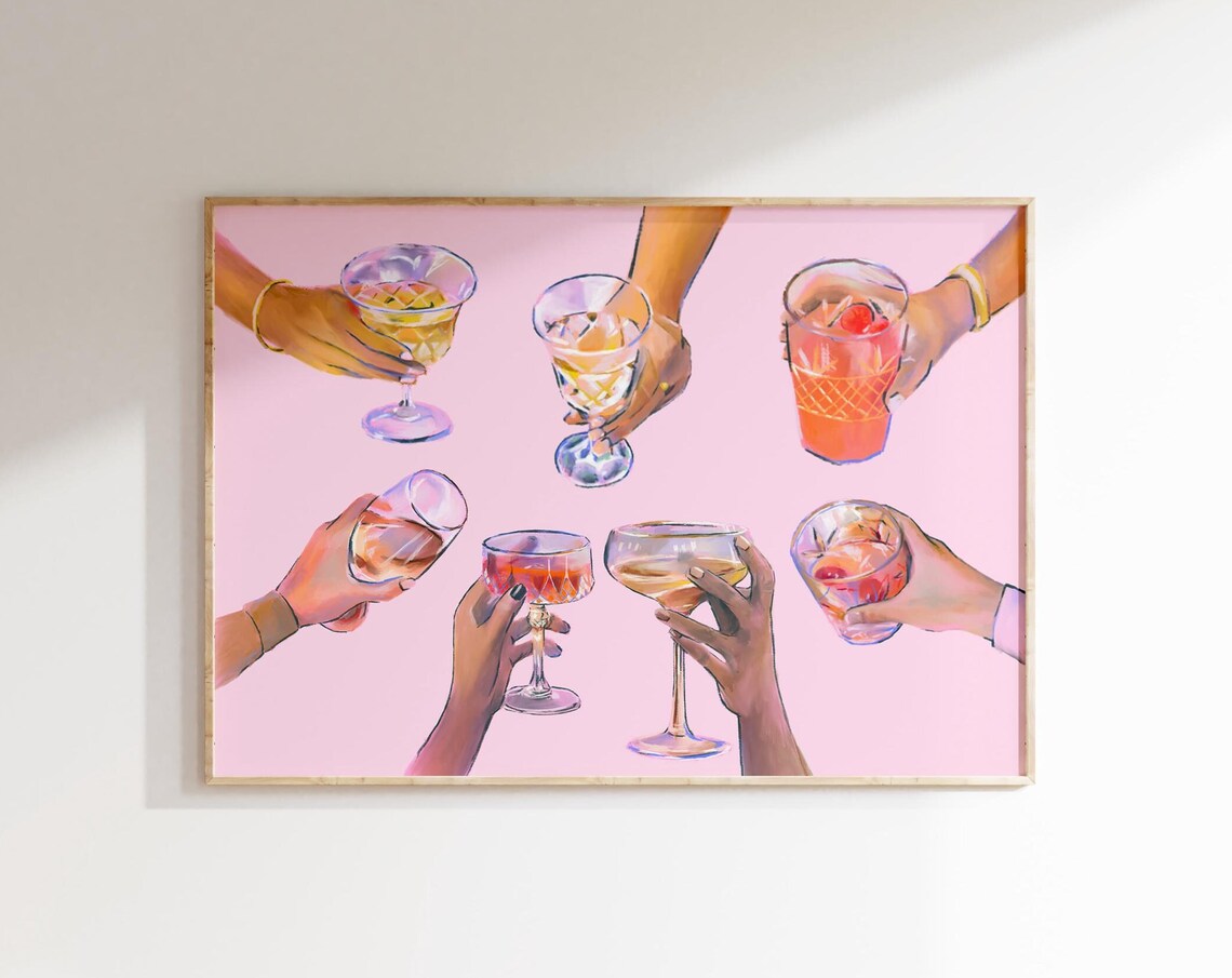 Bar Cart Cheers Poster, Retro Vintage Drinks Decor