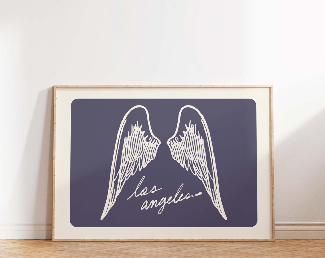 Los Angeles Angel Wings Script Navy Blue Vintage City Wall Poster