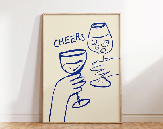 Bar Cart Print Cheers Print Trendy Bar Cart Decor Retro Kitchen Wall Art Vintage Drinks Print Bar Cart Poster Wall Art Blue