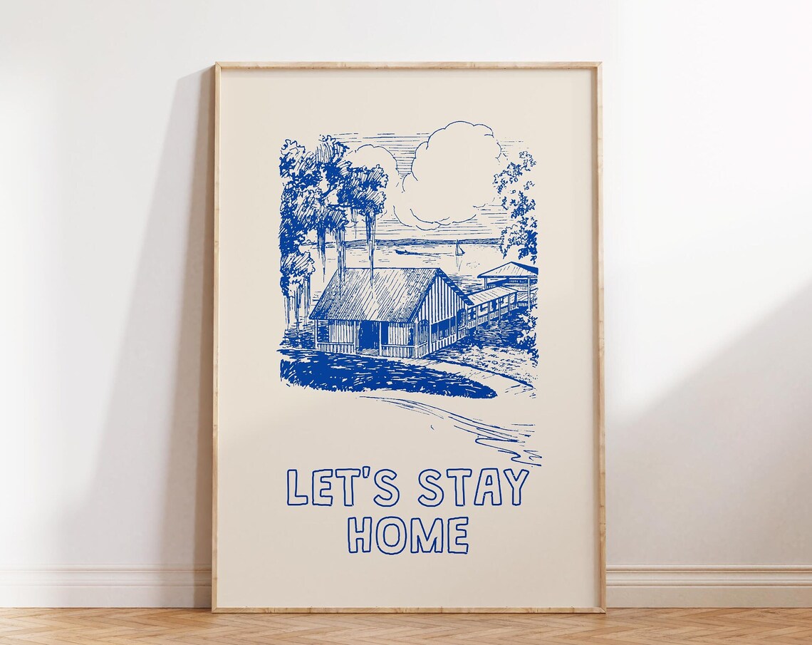 Let's Stay Home Vintage Coastal Beach Cottage Line Art Poster - Image 4