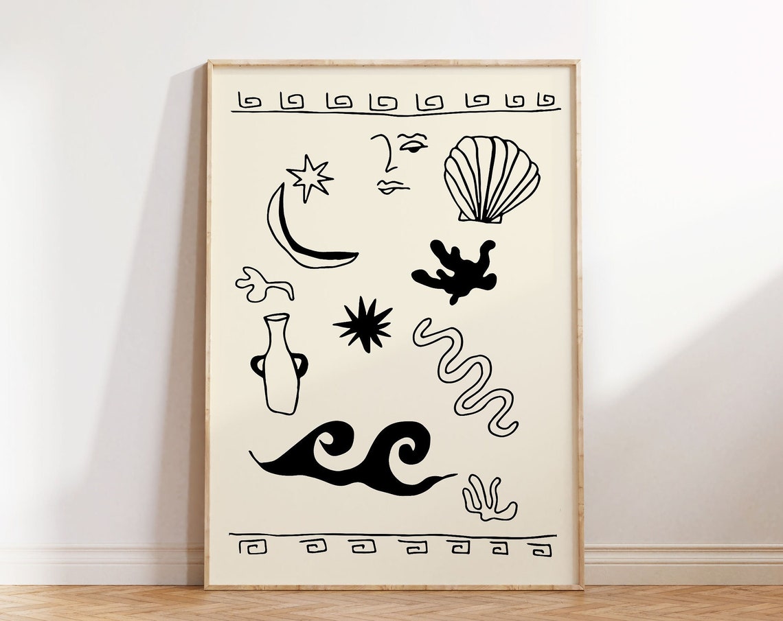 Greek Coastal Icons Black Line Art Shell Moon Wave Poster Decor