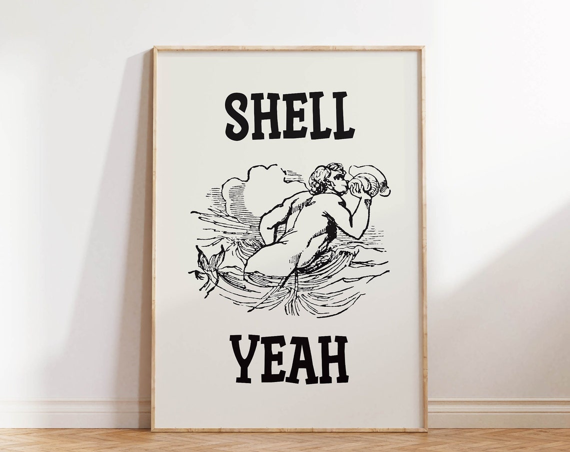 Shell Yeah Vintage Merman Conch Shell Beach Quote Kitchen Decor Poster - Image 2