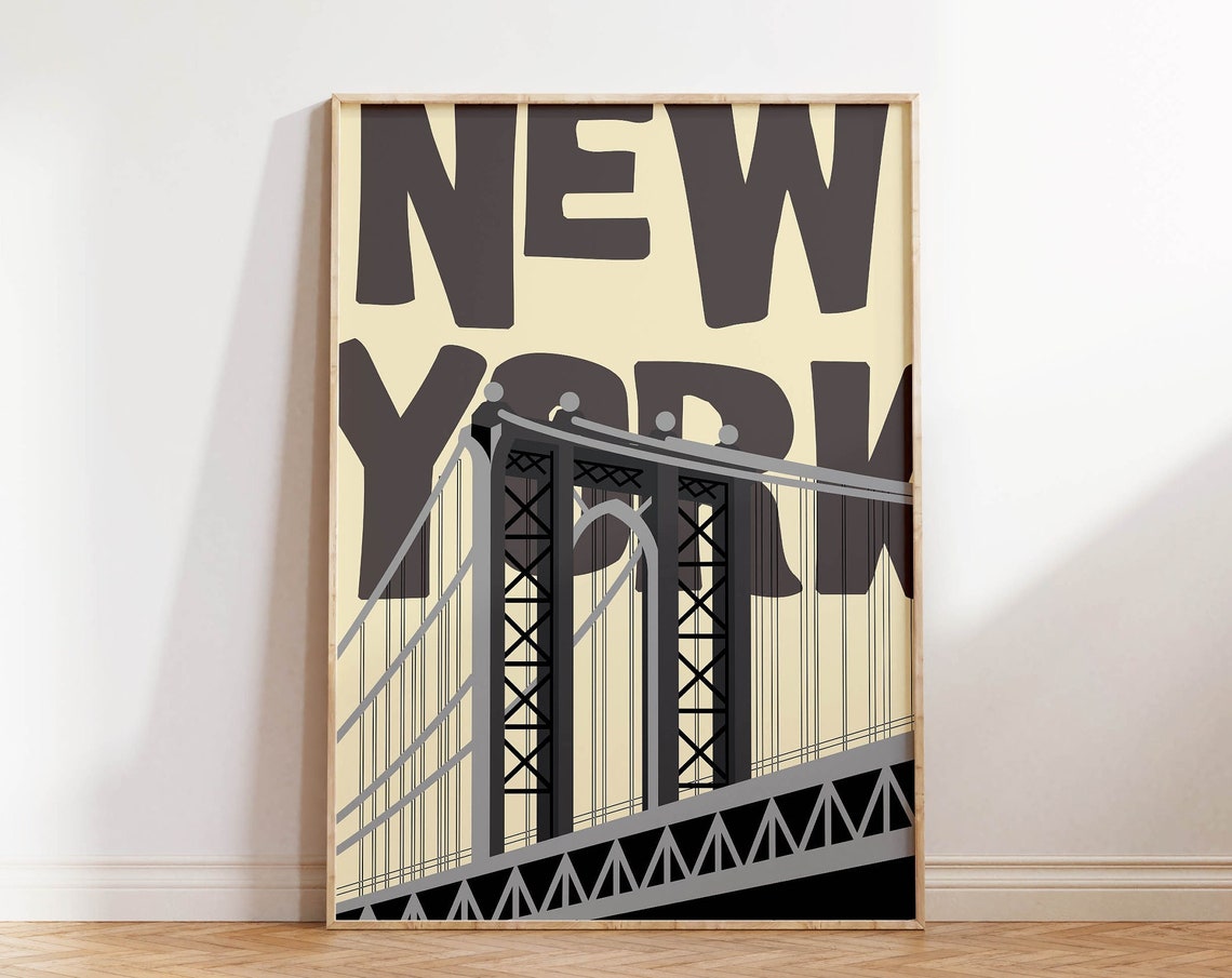 New York Vintage Travel Suspension Bridge Bold Typography Poster