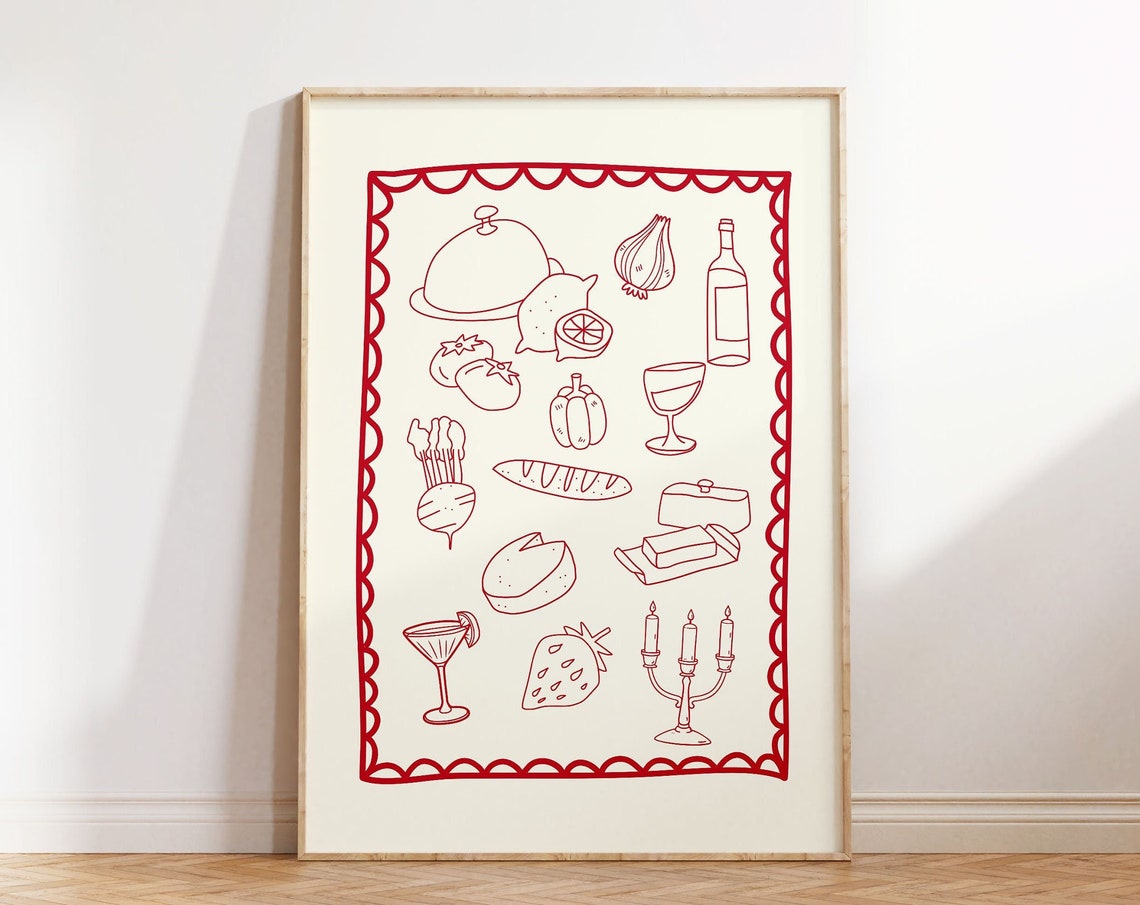 Dinner Party Red Line Art Food Collage Scalloped Kitchen Poster - Image 5