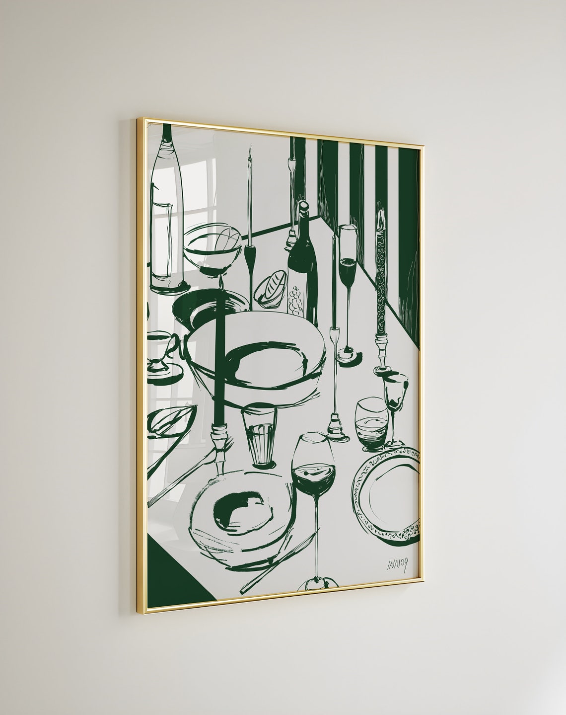 Green Ink Dinner Table Sketch Wine Glasses Classic Kitchen Poster - Image 2