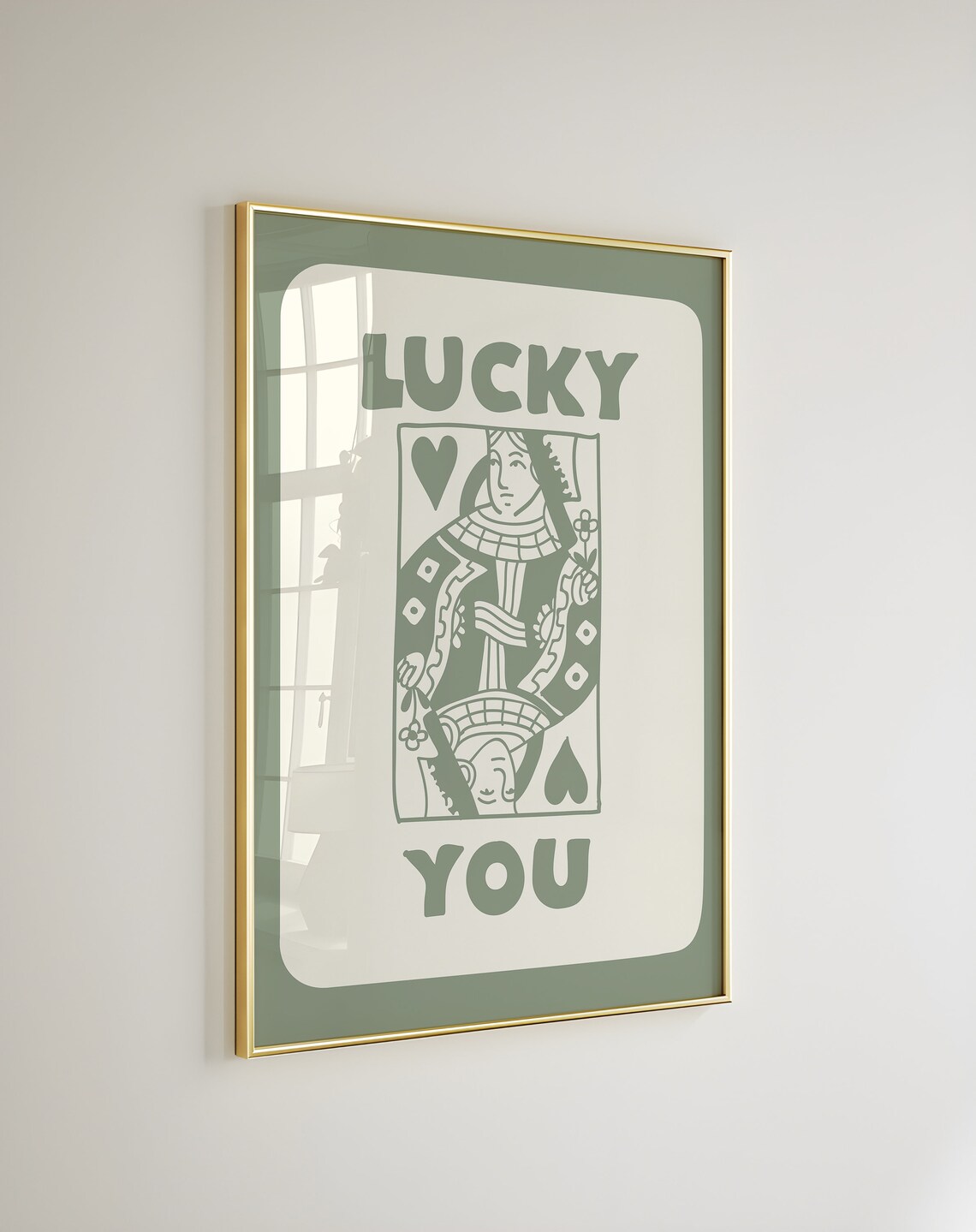 Lucky You Queen of Hearts Green Playing Card Illustration Poster - Image 4