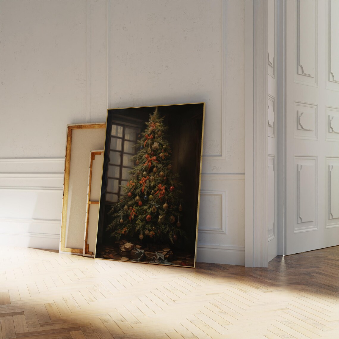 Moody Christmas Tree With Red Bows Ornaments Dark Room Poster - Image 3