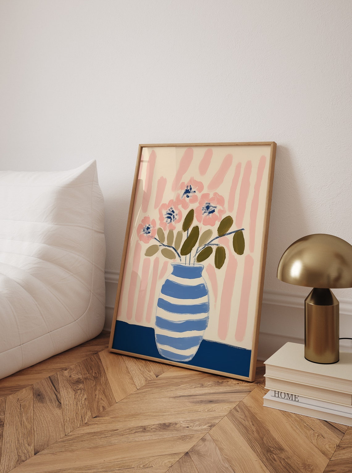 Pink Flowers in Blue Striped Vase Abstract Modern Art Poster - Image 2
