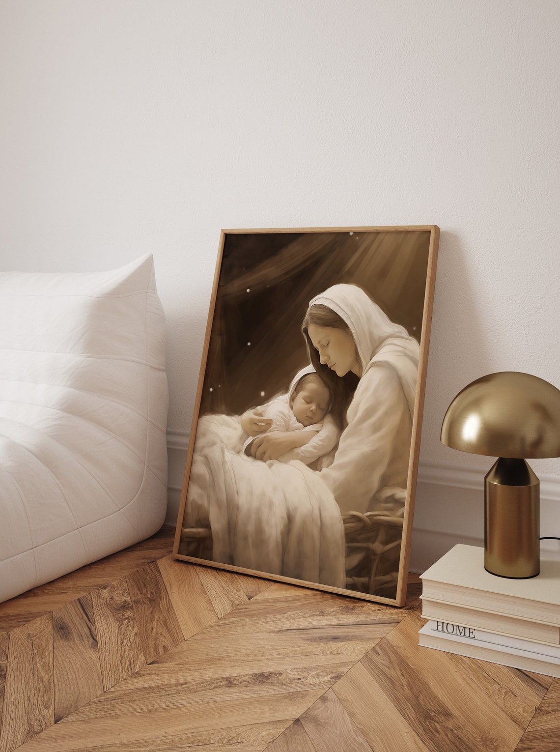 Mary Cradling Baby Jesus Warm Sepia Night Nativity Art Poster - Image 2