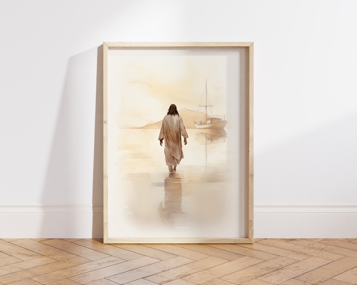 Jesus Walking On Water Watercolor Christian Boho Art Print
