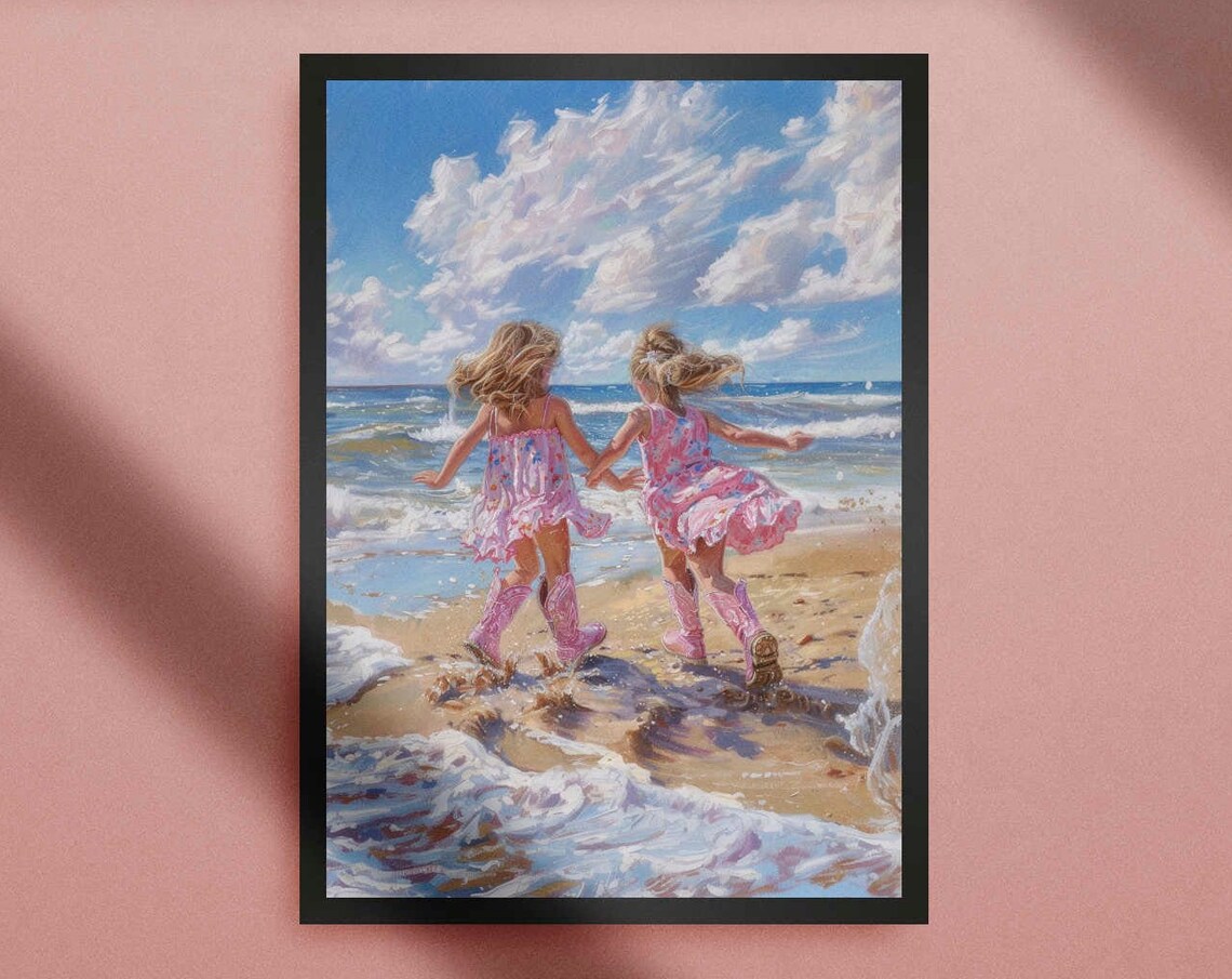 Girls In Pink Boots Playing At The Beach Seaside Scene Poster