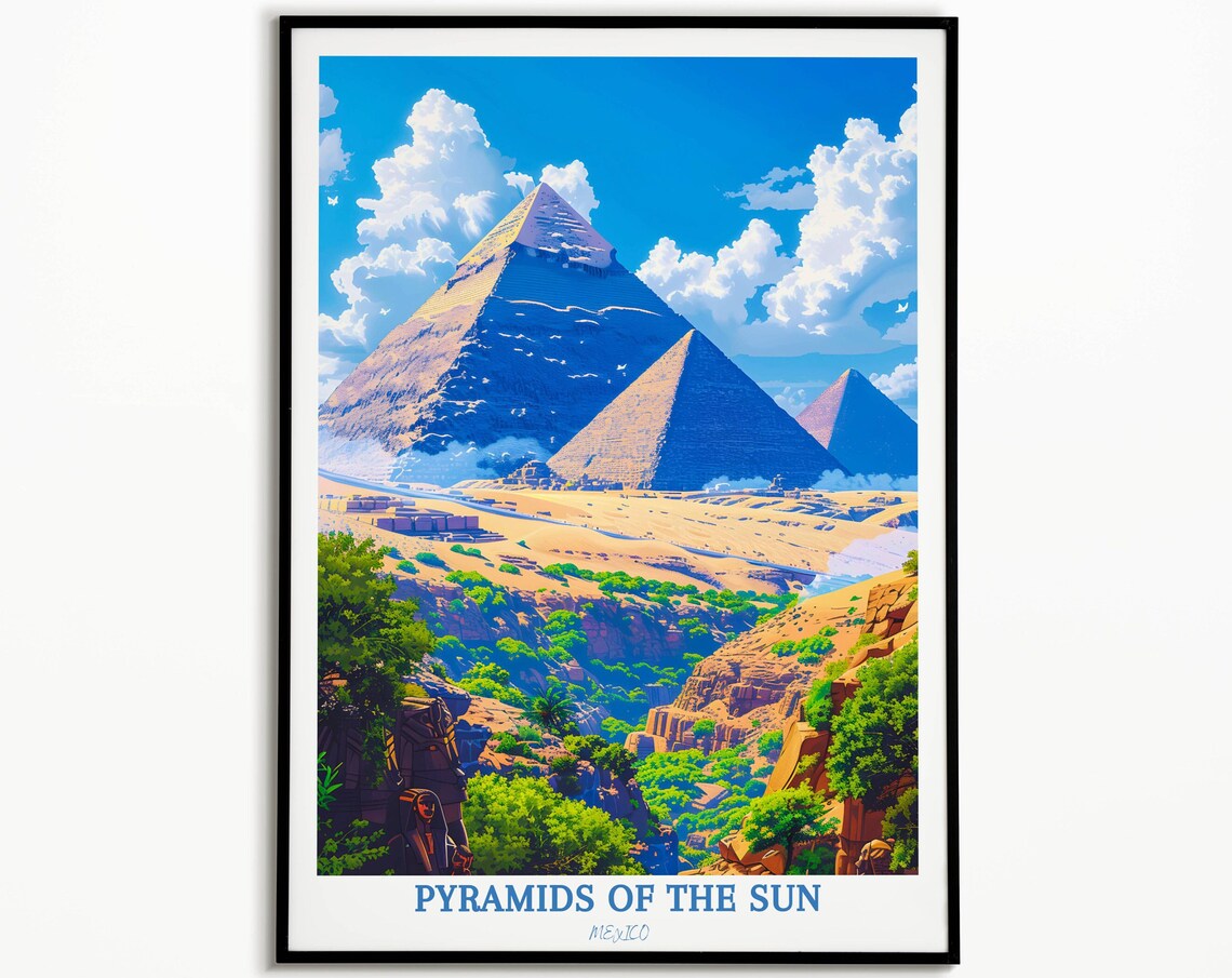 Pyramids Of The Sun Mexico Desert Valley Blue Sky Travel Poster