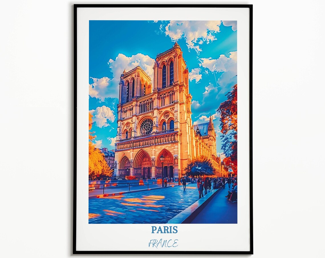 Notre Dame Cathedral Paris Sunset Facade Golden Light Travel Poster