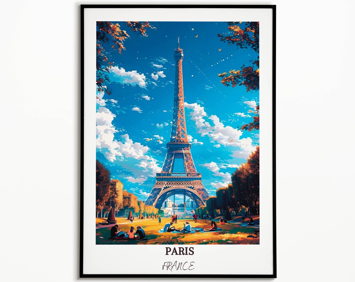 Eiffel Tower Autumn Park Picnic Blue Sky Paris France Travel Poster