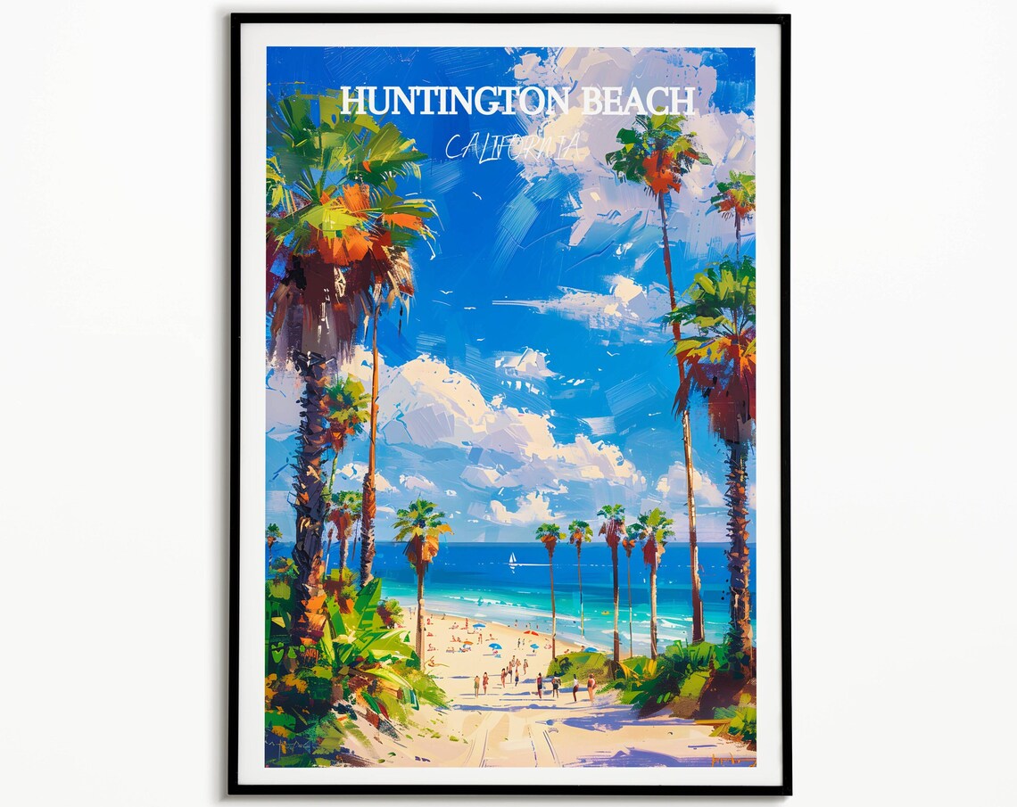 Huntington Beach California Palm Trees Sandy Shore Travel Poster