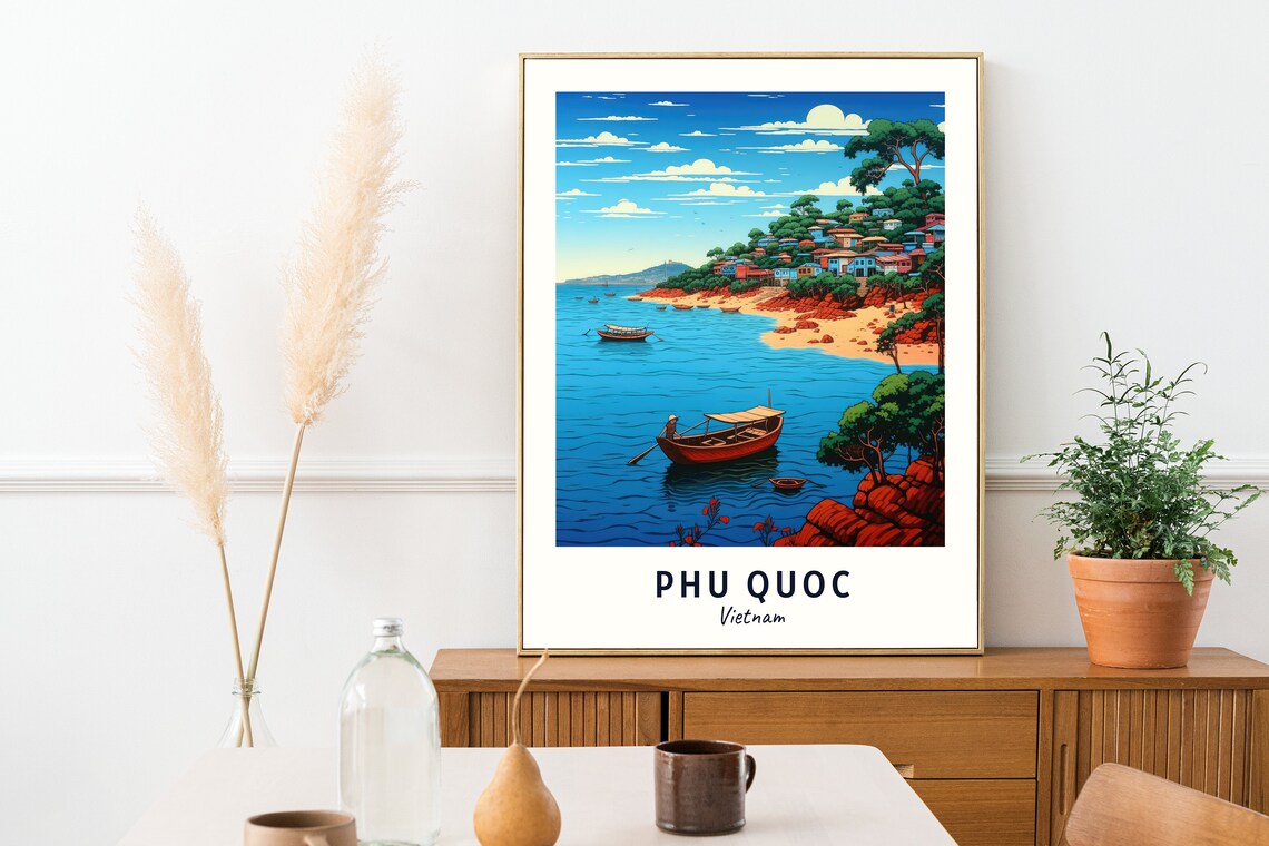 Phu Quoc Vietnam Tropical Beach Boats And Seaside Village Travel Poster - Image 2