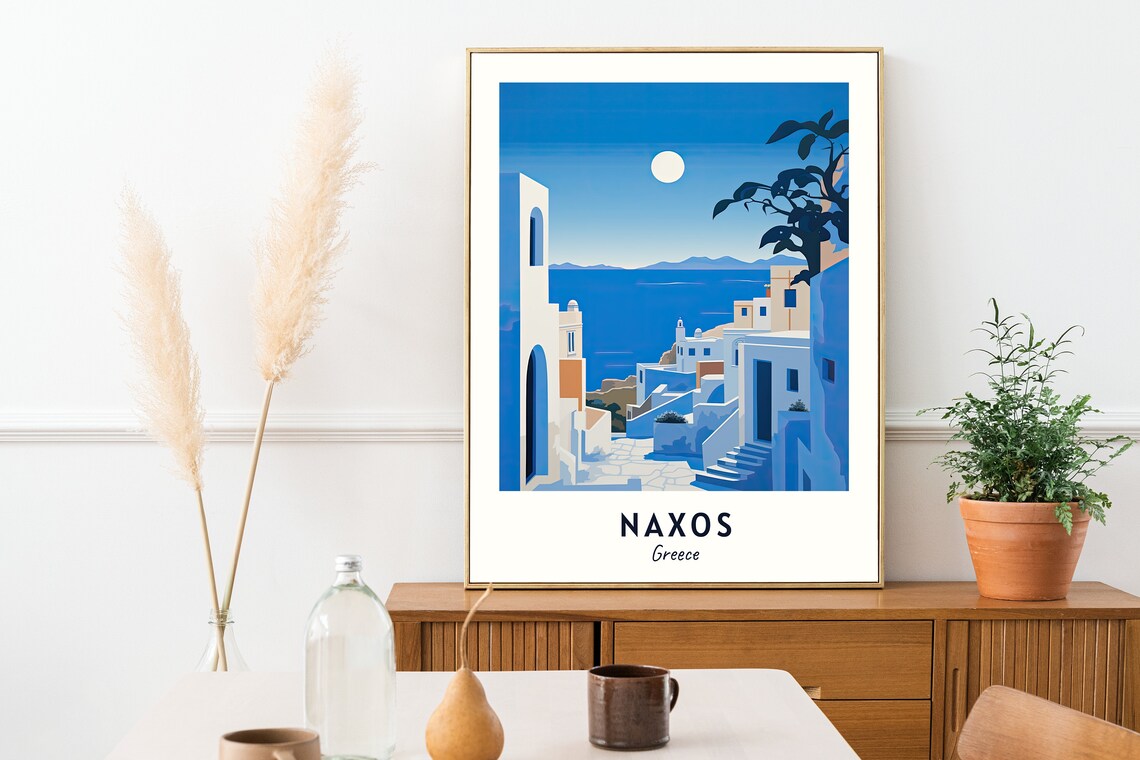 Naxos Blue Hour Alley Stairs Moon Over the Sea Travel Poster - Image 2