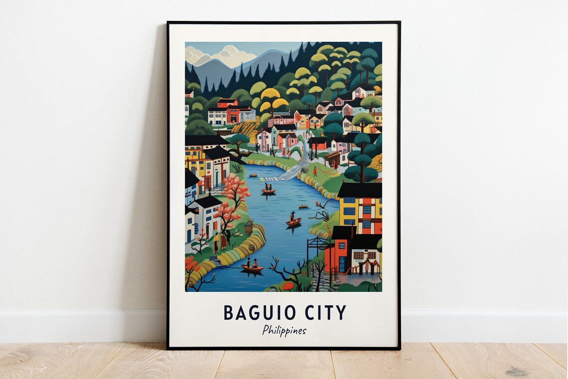 Baguio City Philippines River Town Boats Scene Travel Poster