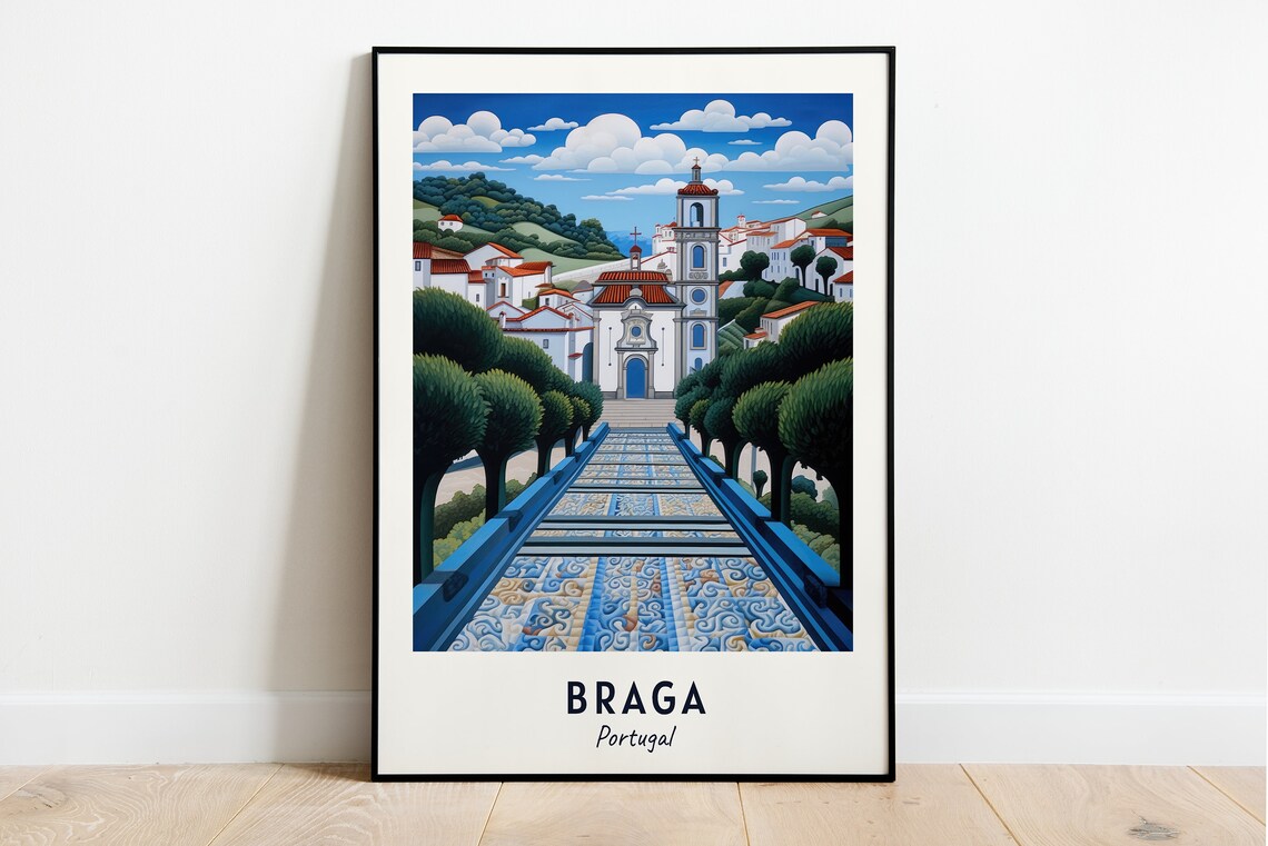 Braga Portugal Church Tiled Staircase Travel Poster Keepsake Art